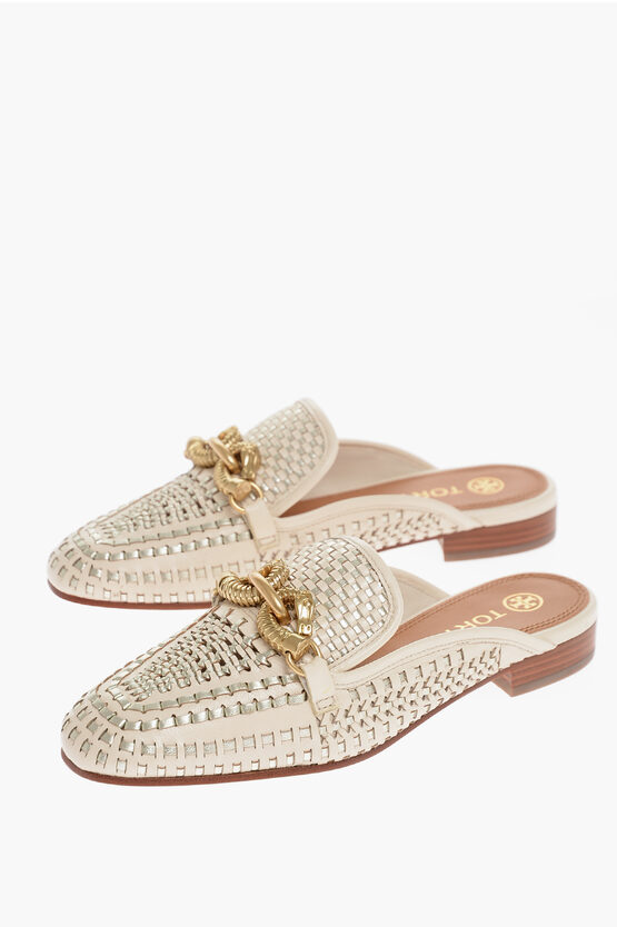 Tory Burch Woven Leather Mules With Metal Buckle In Multi