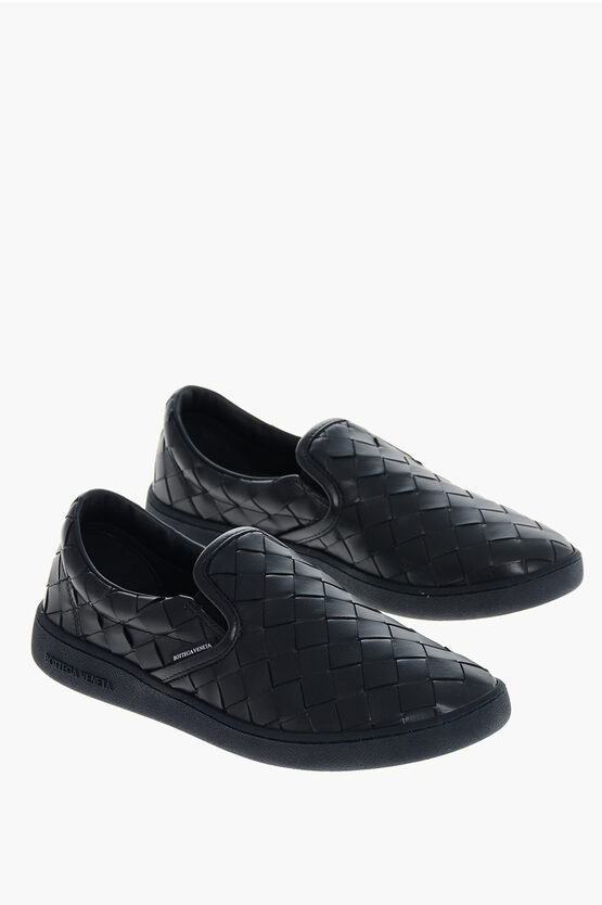 Bottega Veneta Leather Slip-on Sneakers With Intrecciato Motif In Black