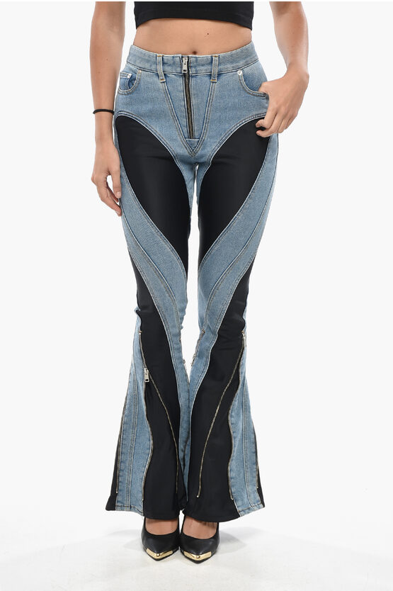 Mugler Zip Detailing Flared Denims With Jersey Inserts In Blue