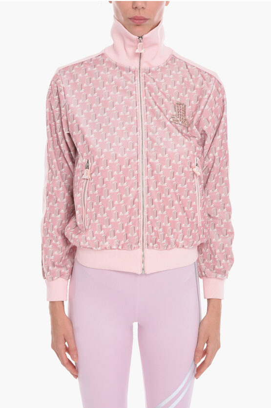 Lanvin Zip-up Monogram Chenille Sweatshirt With Jewel Patch In Pink