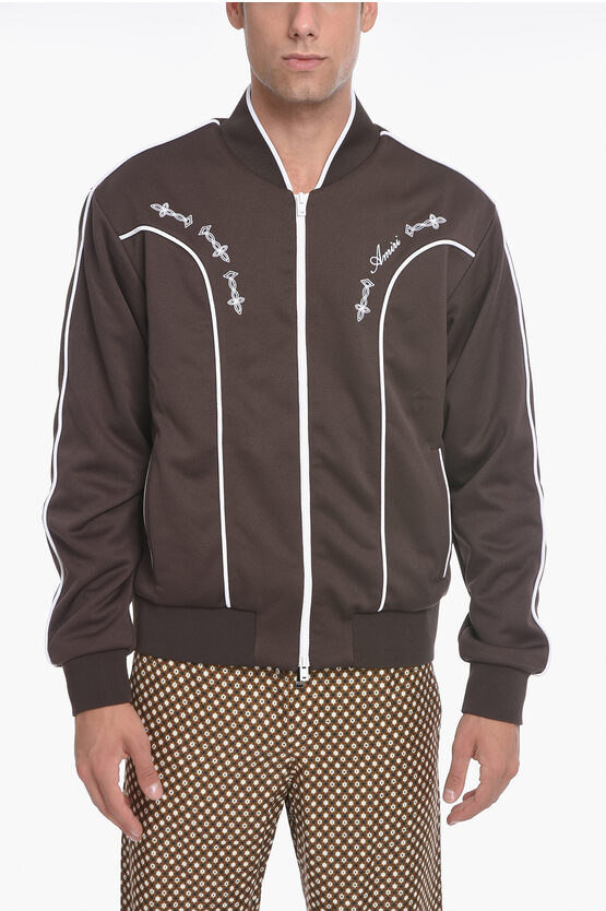 Amiri Zip-up Sweatshirt With Contrasting Embroidery In Brown