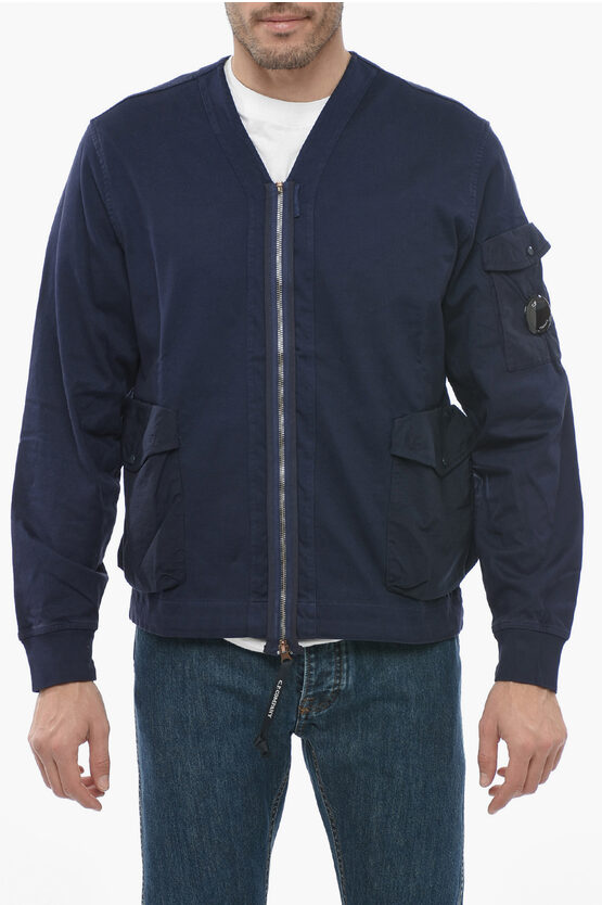C.p. Company Zipped Mercerized Sweatshirt With Nylon Utility Pockets In Blue