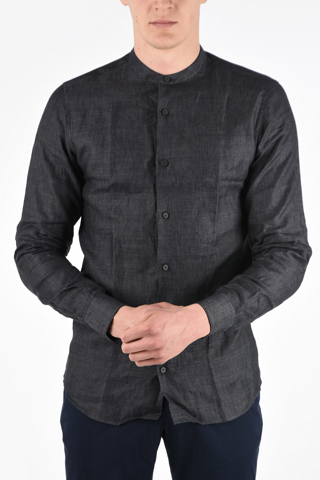 Men's black linen REGULAR Mandarin collar shirt
